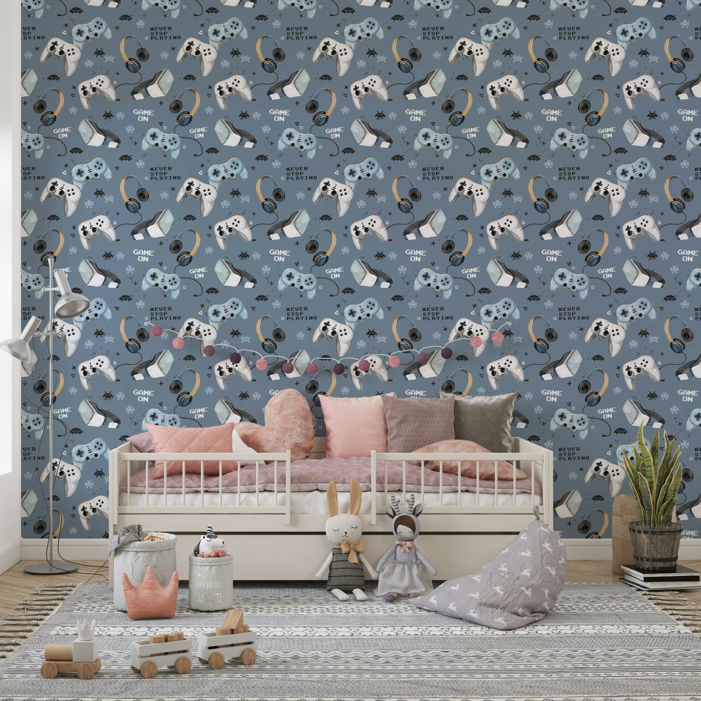 Blue background with gaming gadgets

