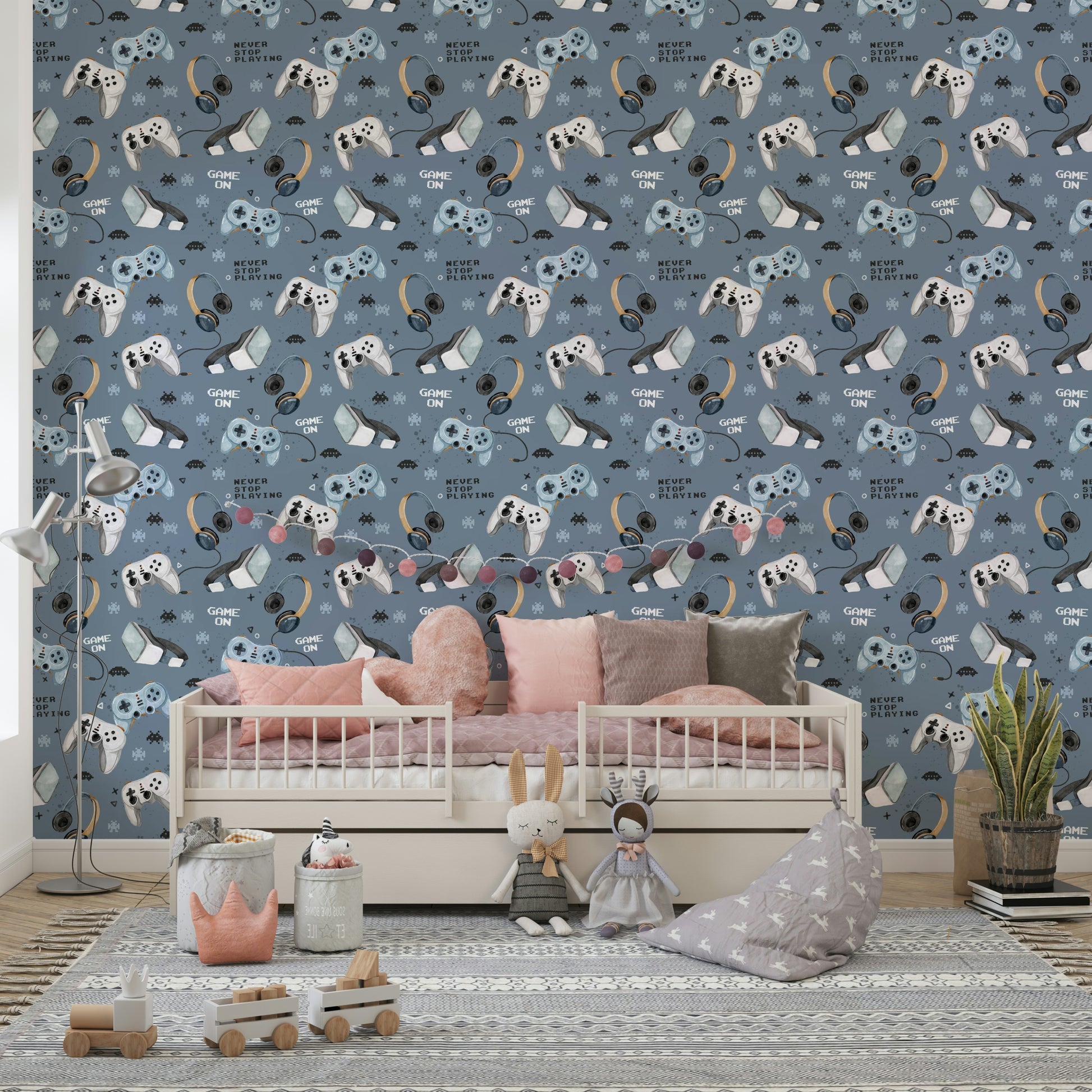 Blue background with gaming gadgets

