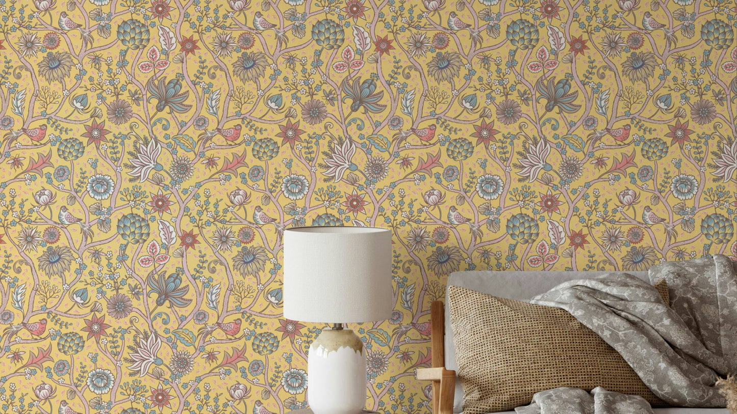 Fresh green wallpaper featuring tree and flowers

