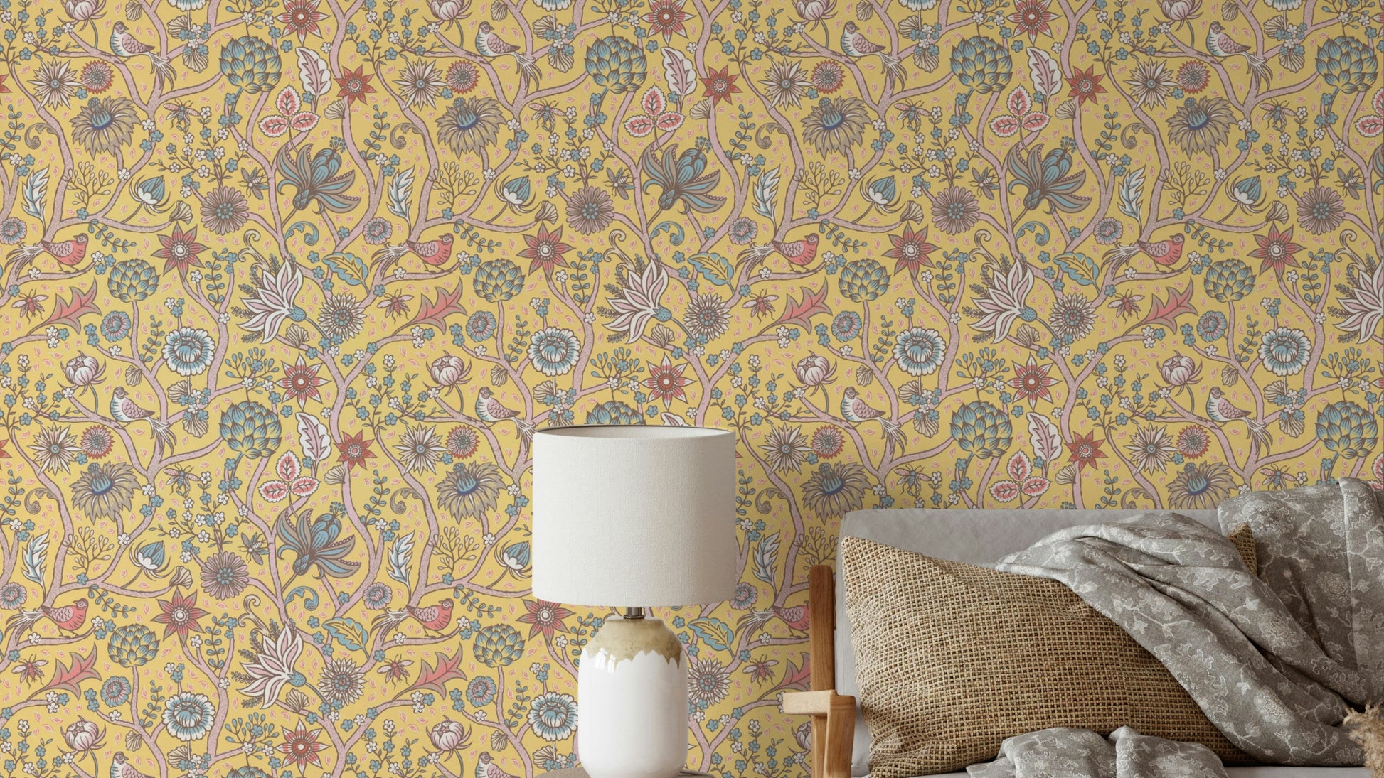 Fresh green wallpaper featuring tree and flowers

