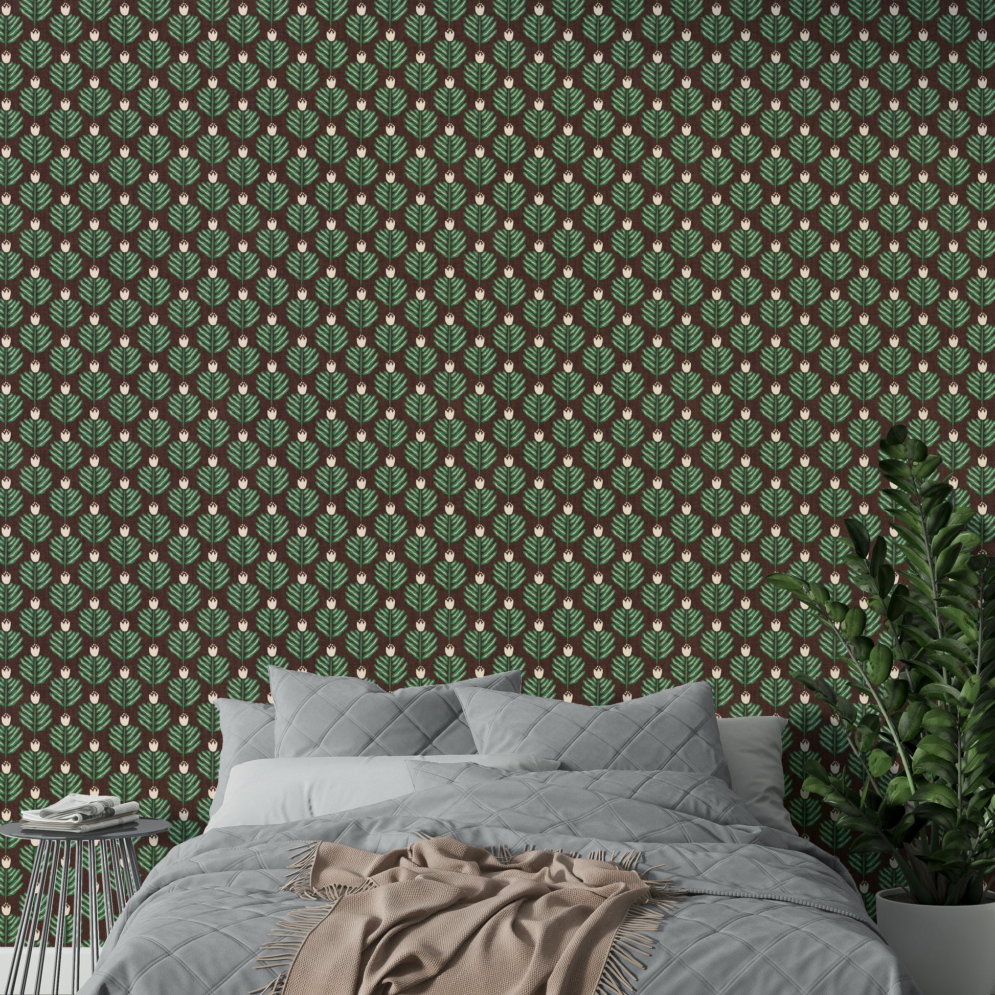 Tropical green chunky plant wallpaper with vibrant jewel highlights

