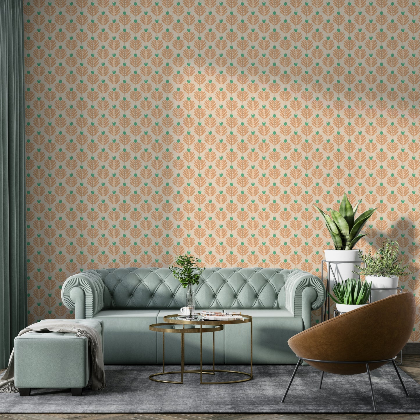 Bold peach jungle wallpaper with chunky plant and jewel patterns

