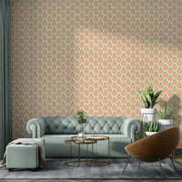 Bold peach jungle wallpaper with chunky plant and jewel patterns

