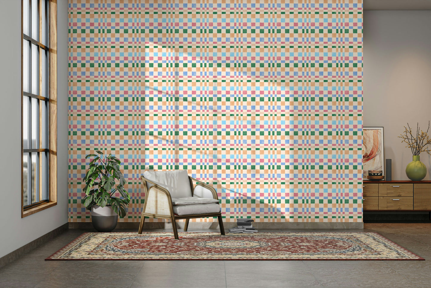 Bold multicolored woven check wallpaper with jungle jewel accents

