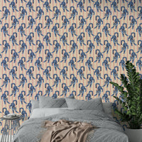 Vibrant blue jumping tiger wallpaper with jewel jungle accents

