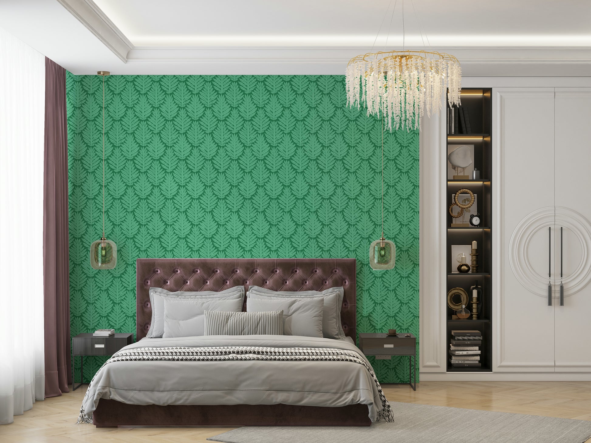 Scallop green leaf wallpaper with rich jungle jewel accents


