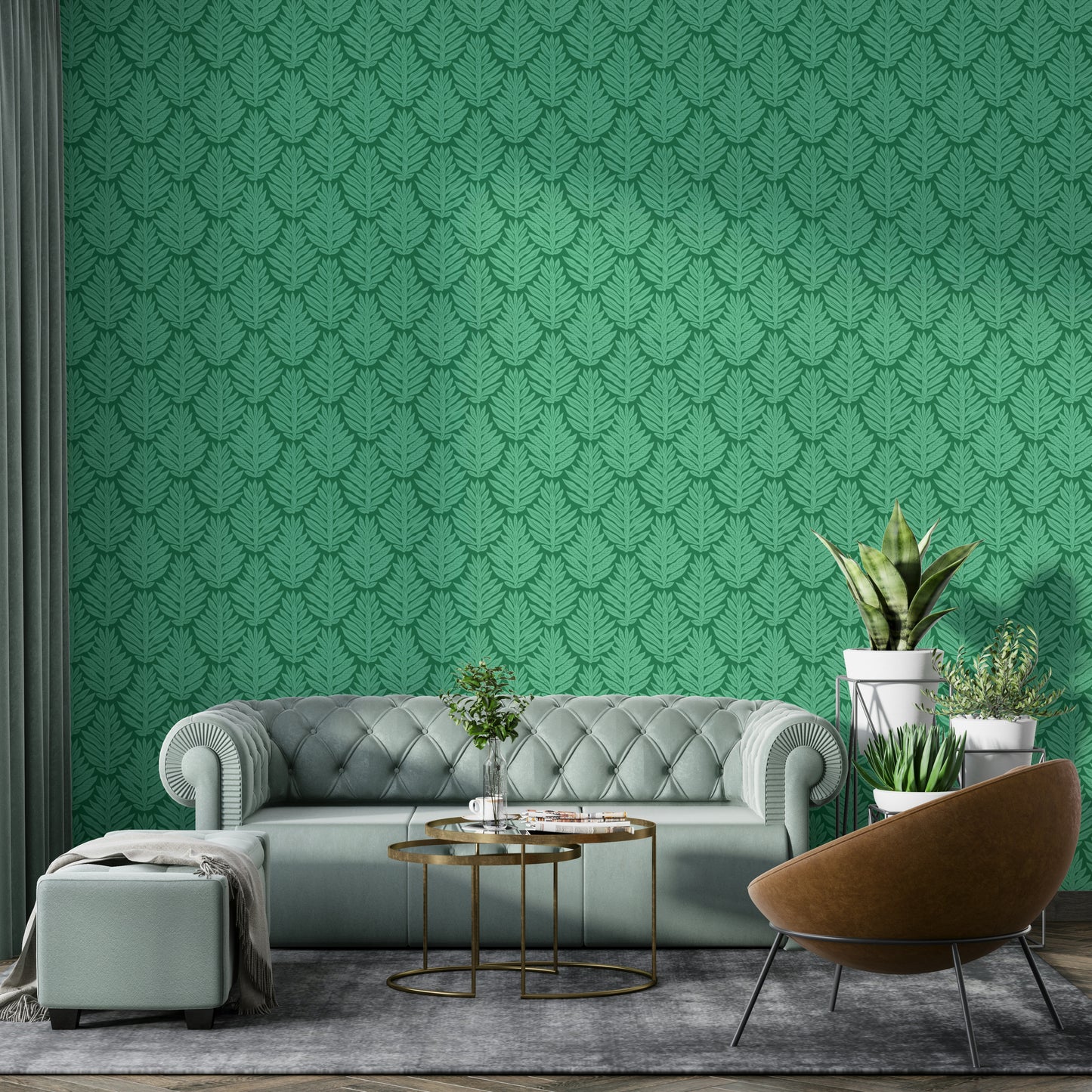 Nature-inspired scallop green leaf wallpaper with jewel details

