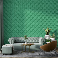 Nature-inspired scallop green leaf wallpaper with jewel details


