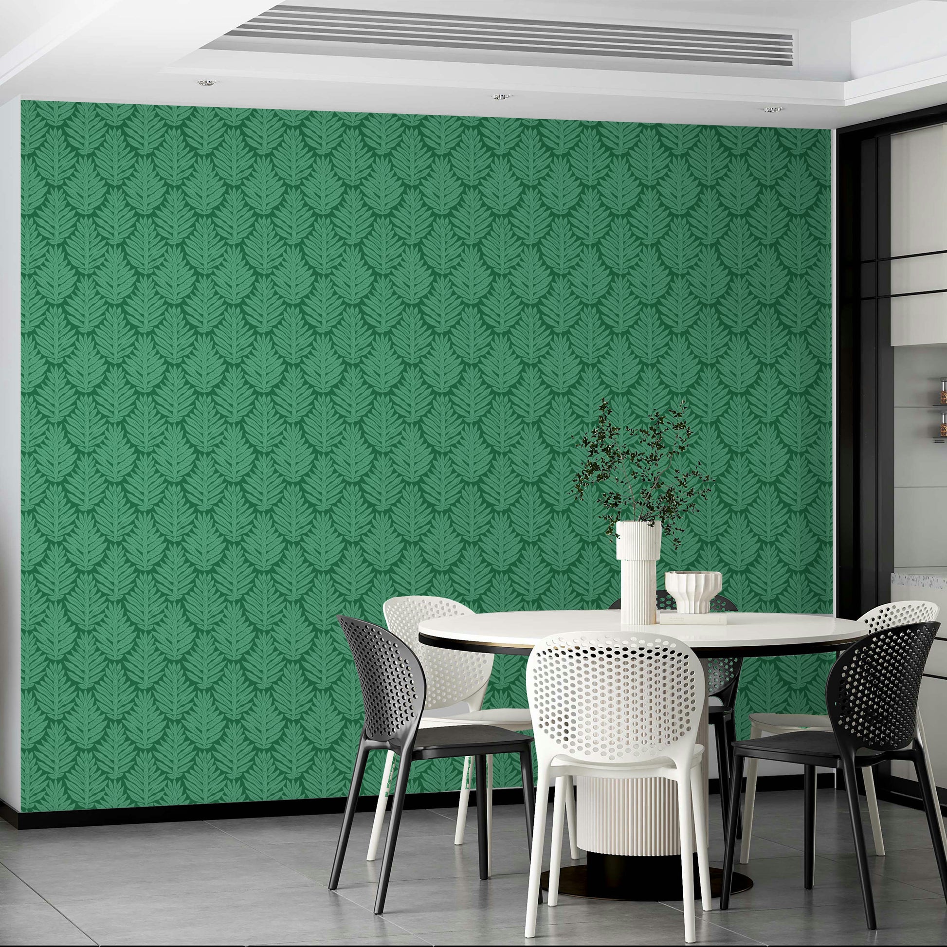 Elegant jewel jungle green leaf wallpaper with scallop design

