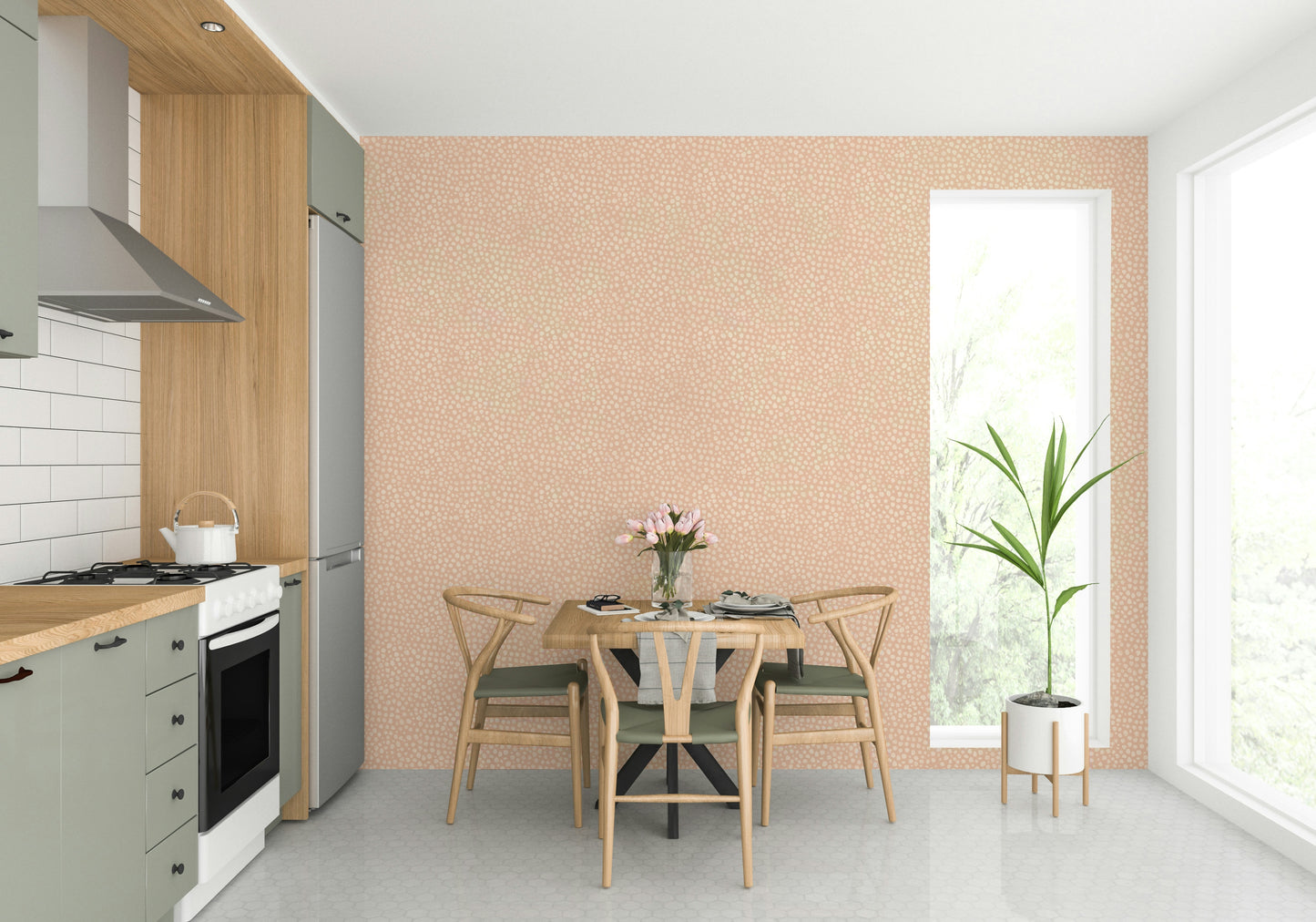 Blush animal print dot wallpaper with jewel-toned jungle accents

