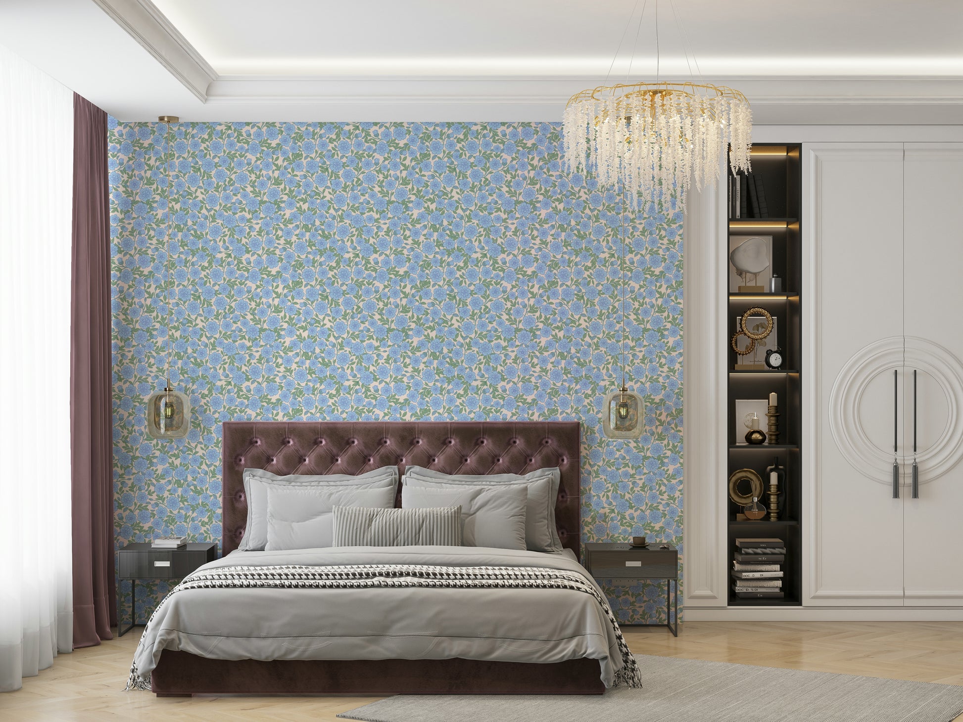 Soft blue ditsy floral print wallpaper for charming rooms

