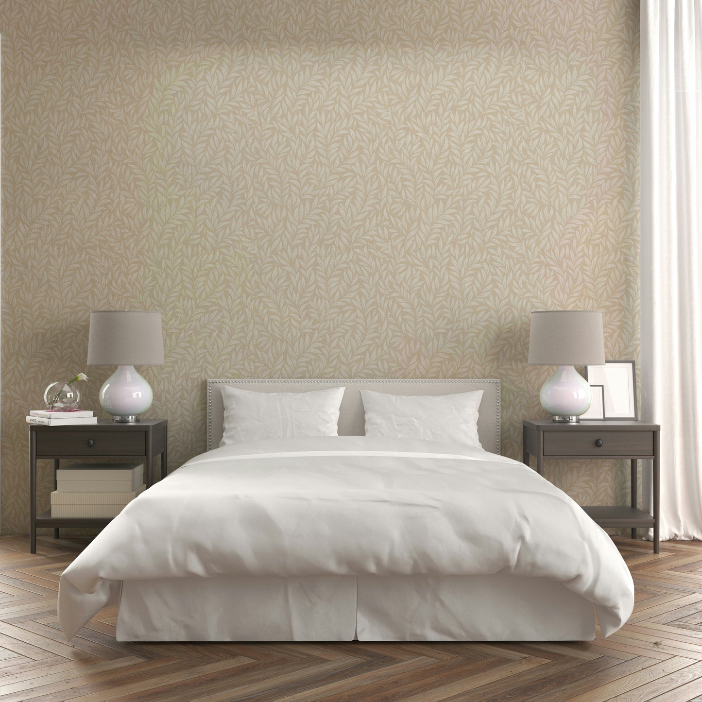 Beige wallpaper featuring delicate leafy patterns


