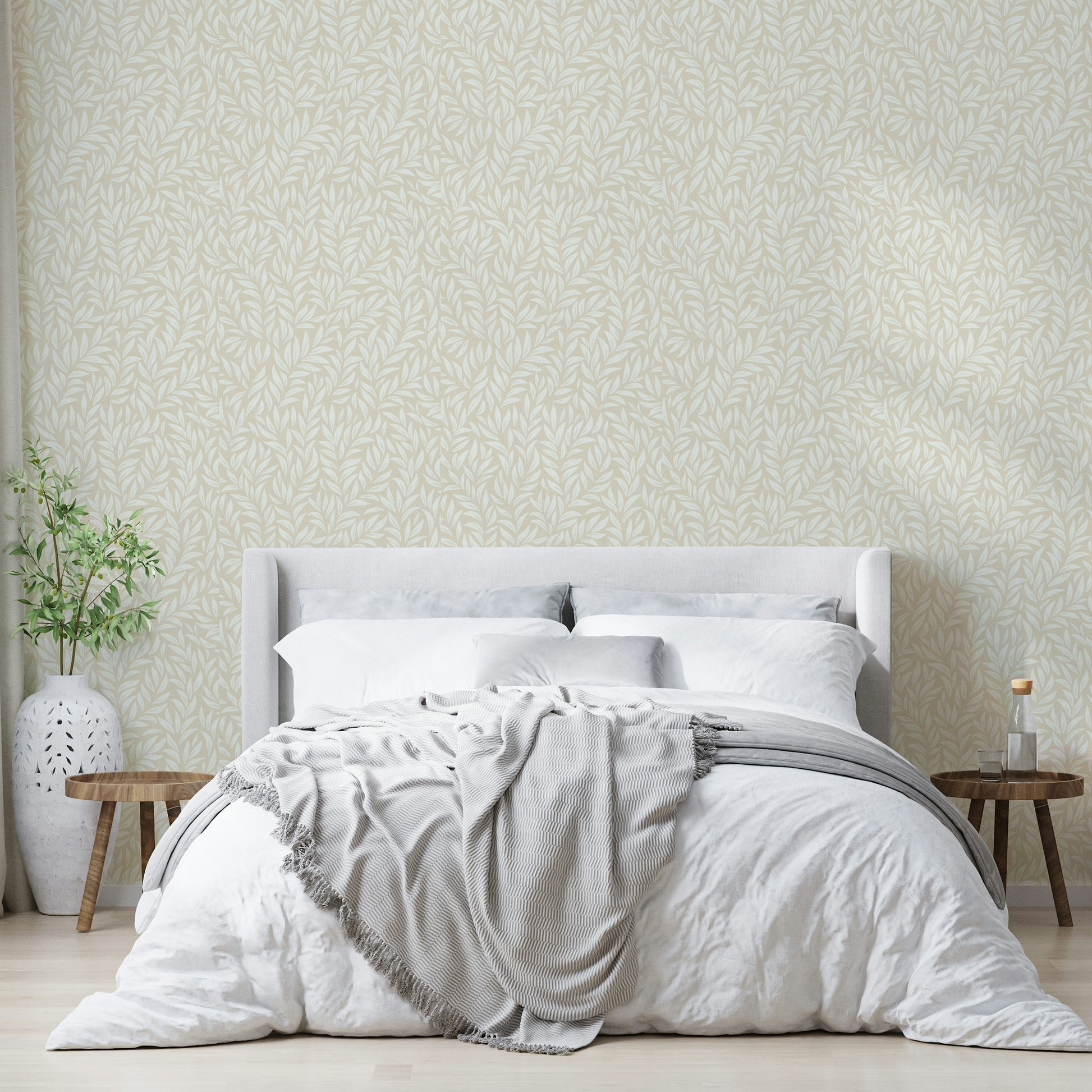 Beige leafy wallpaper for a fresh, natural aesthetic

