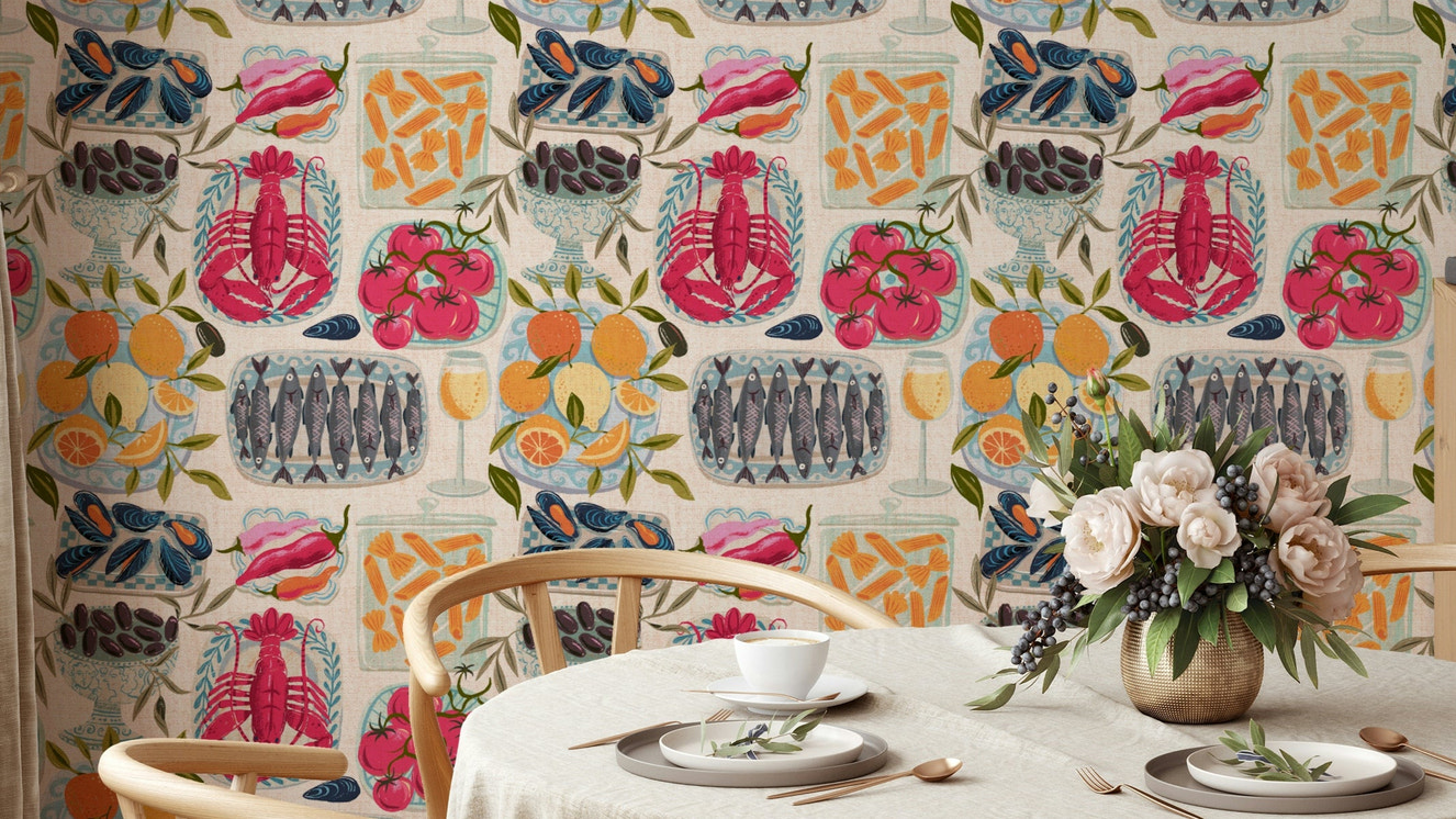 Mediterranean food wallpaper with mise en place layout

