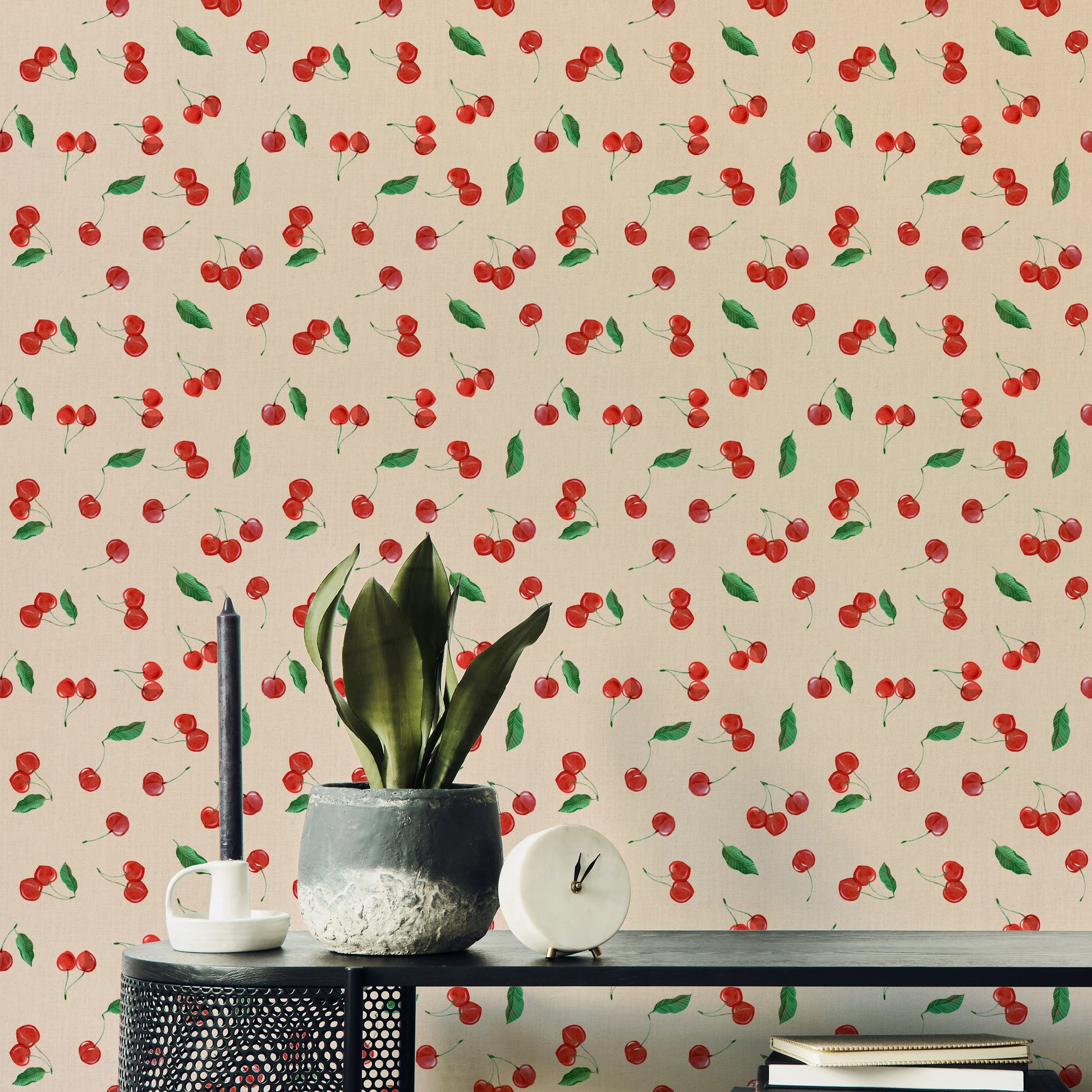 Painterly cherry wallpaper in playful toss pattern

