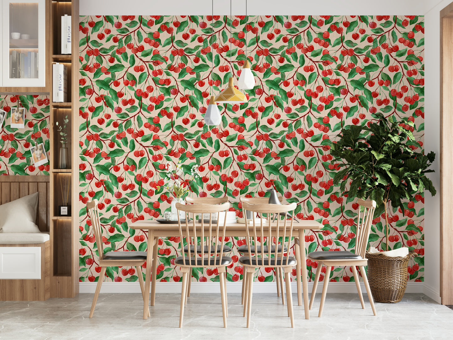 Cherry-themed wall covering with brushstroke texture

