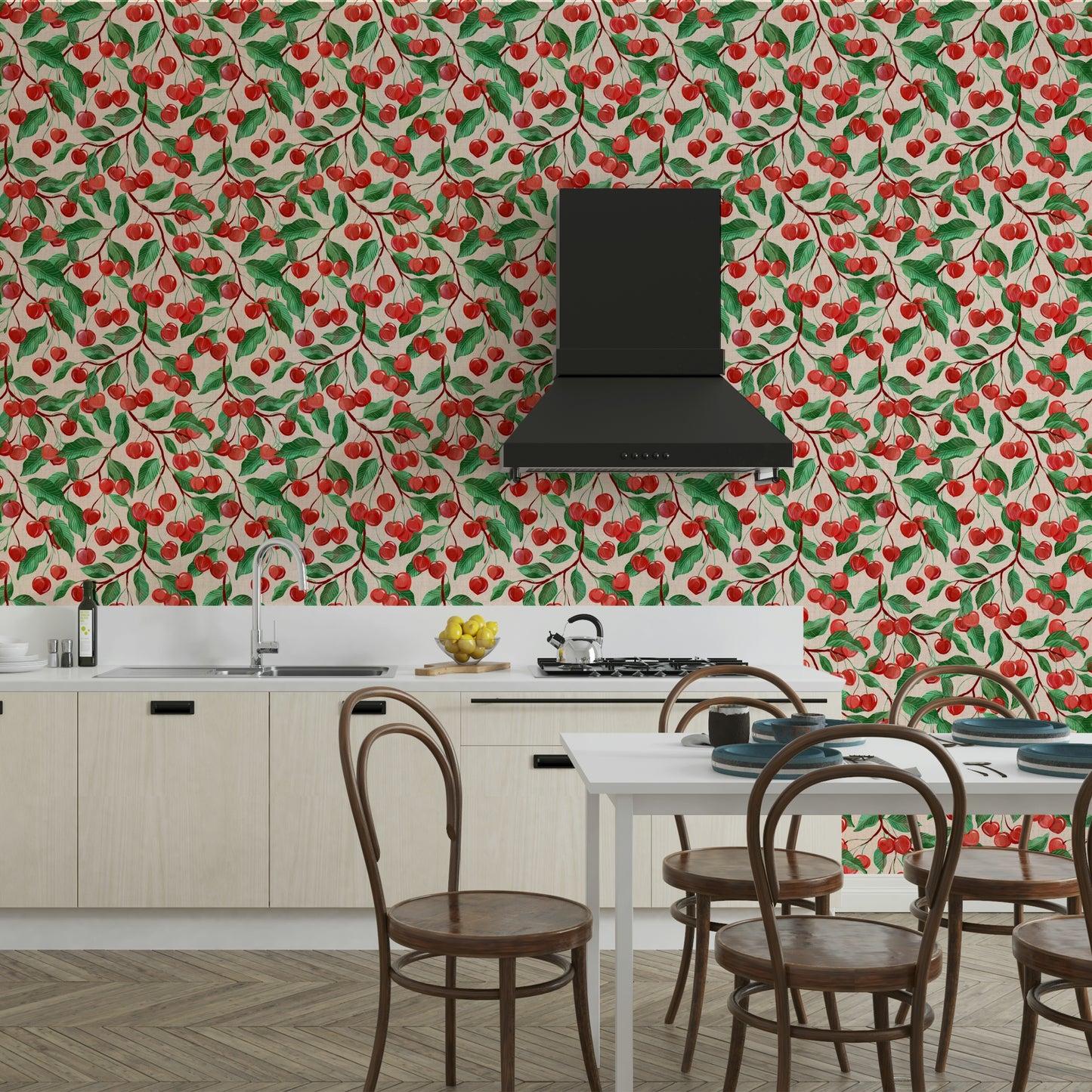 Decorative wallpaper with painterly cherry art

