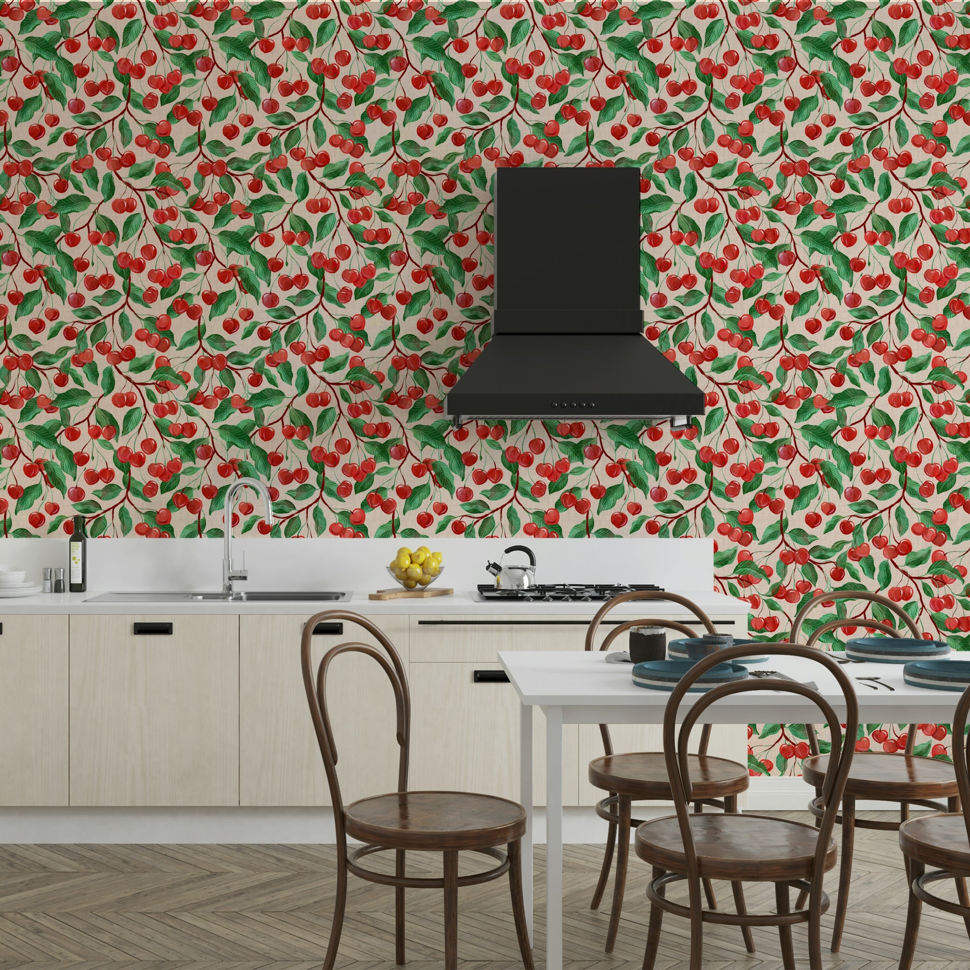 Decorative wallpaper with painterly cherry art

