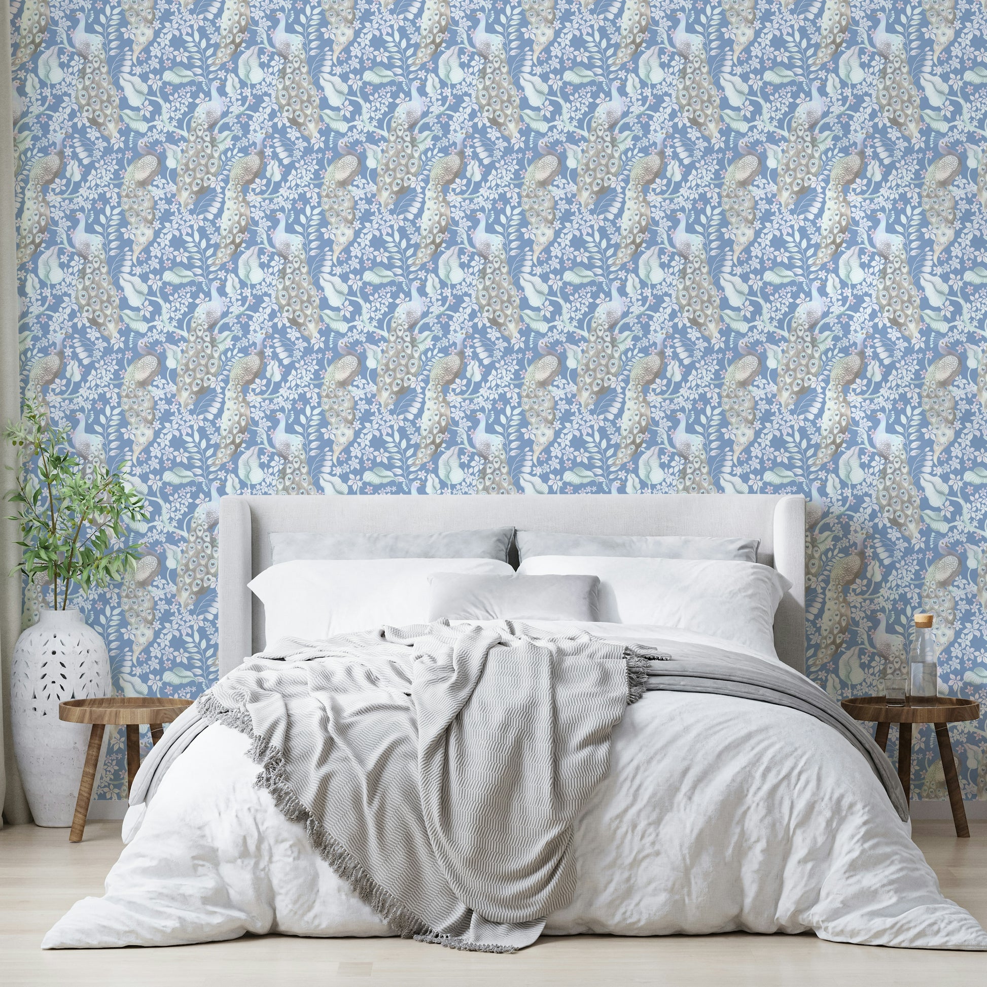 Stylish dove blue wallpaper with peacock feathers

