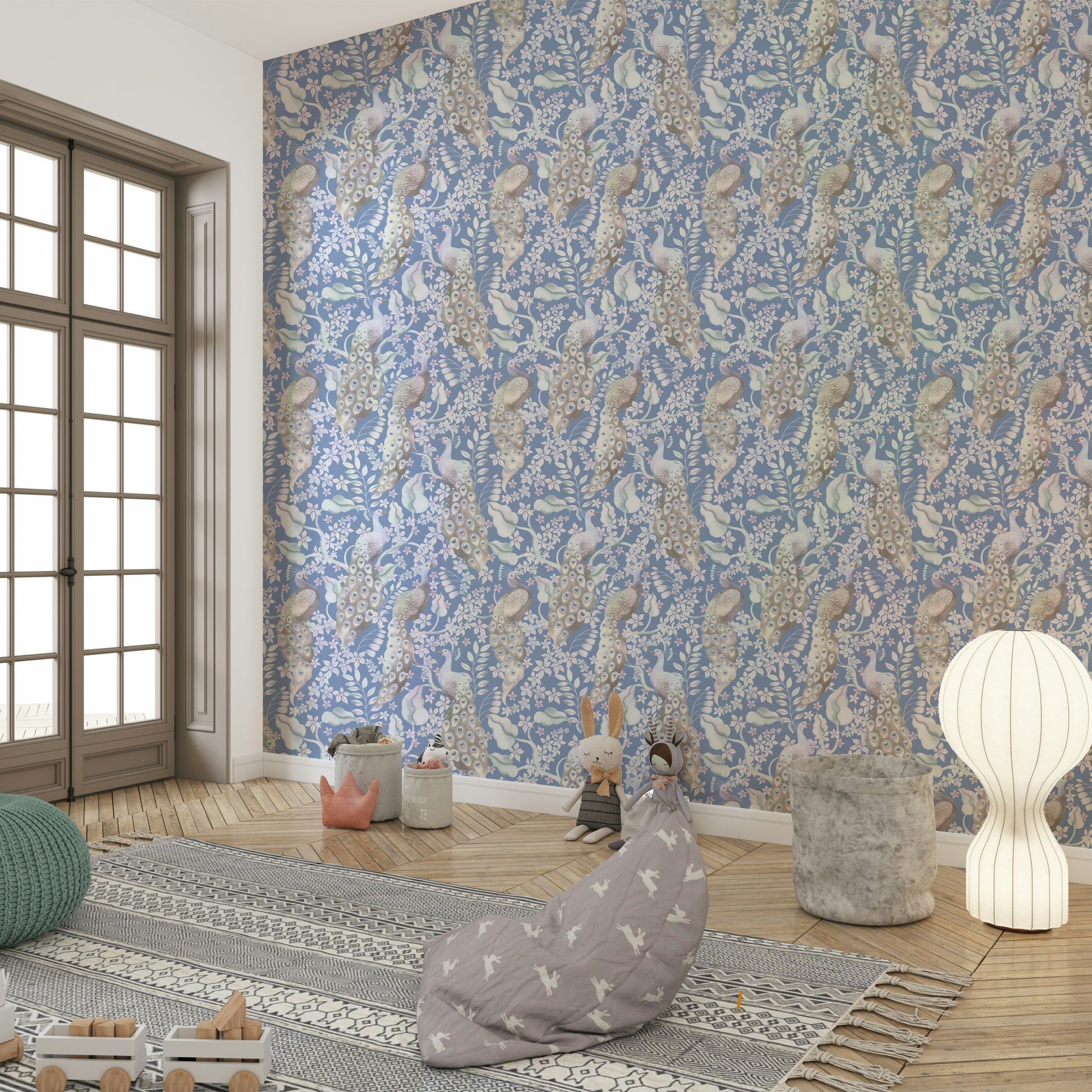 Decorative dove blue wallpaper with bird details


