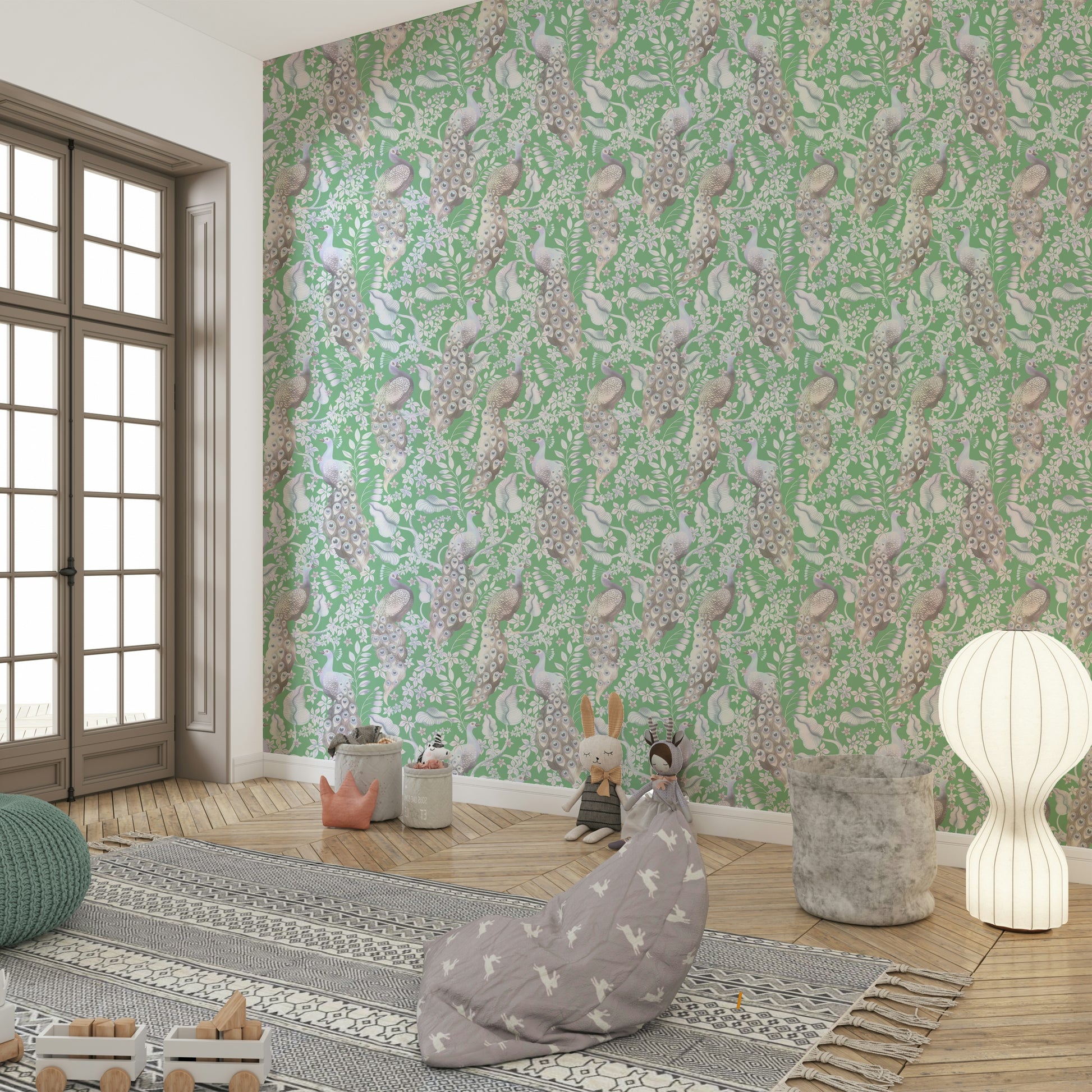 Luxurious green wallpaper with peacock motifs

