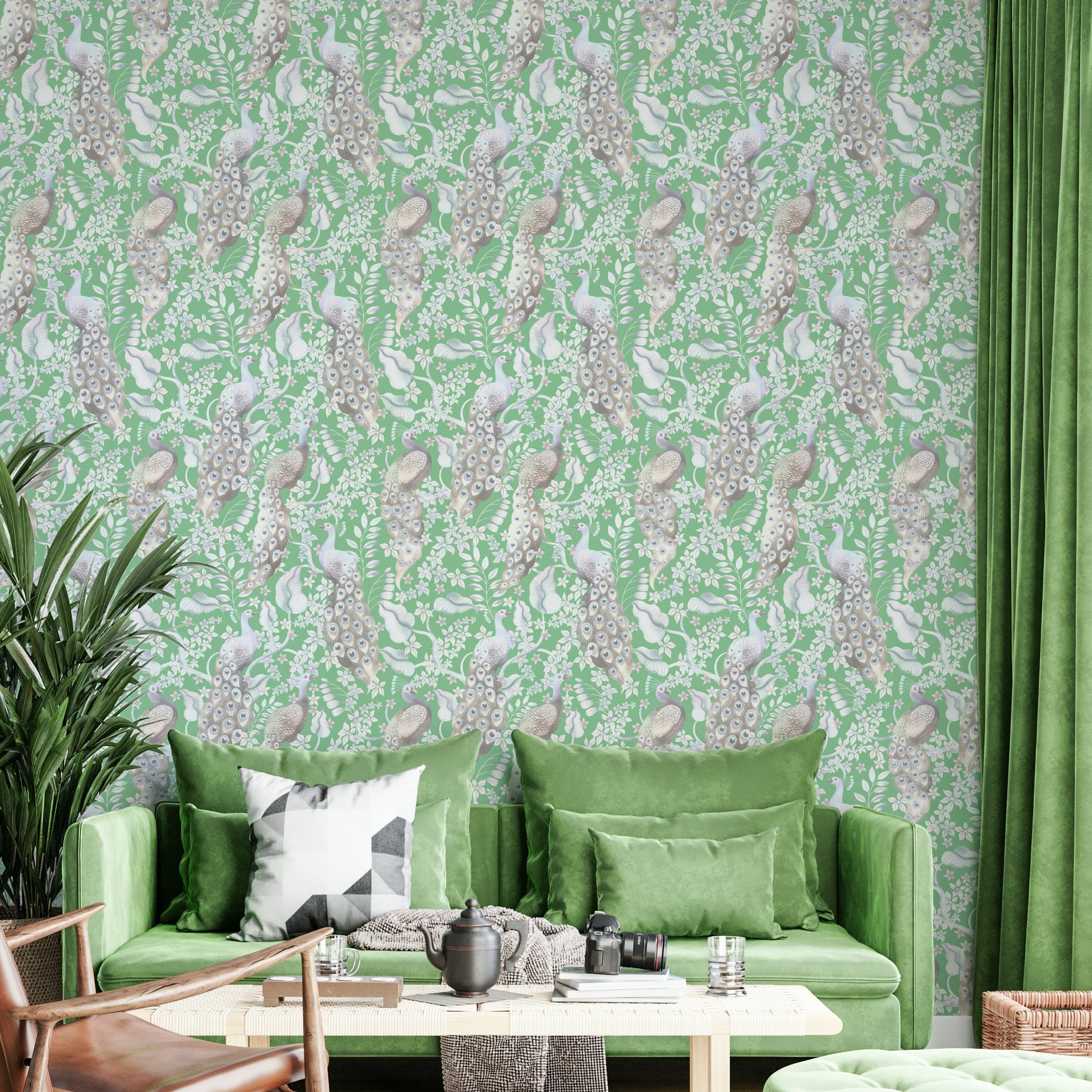 Exotic peacock design in paradise-inspired wallpaper

