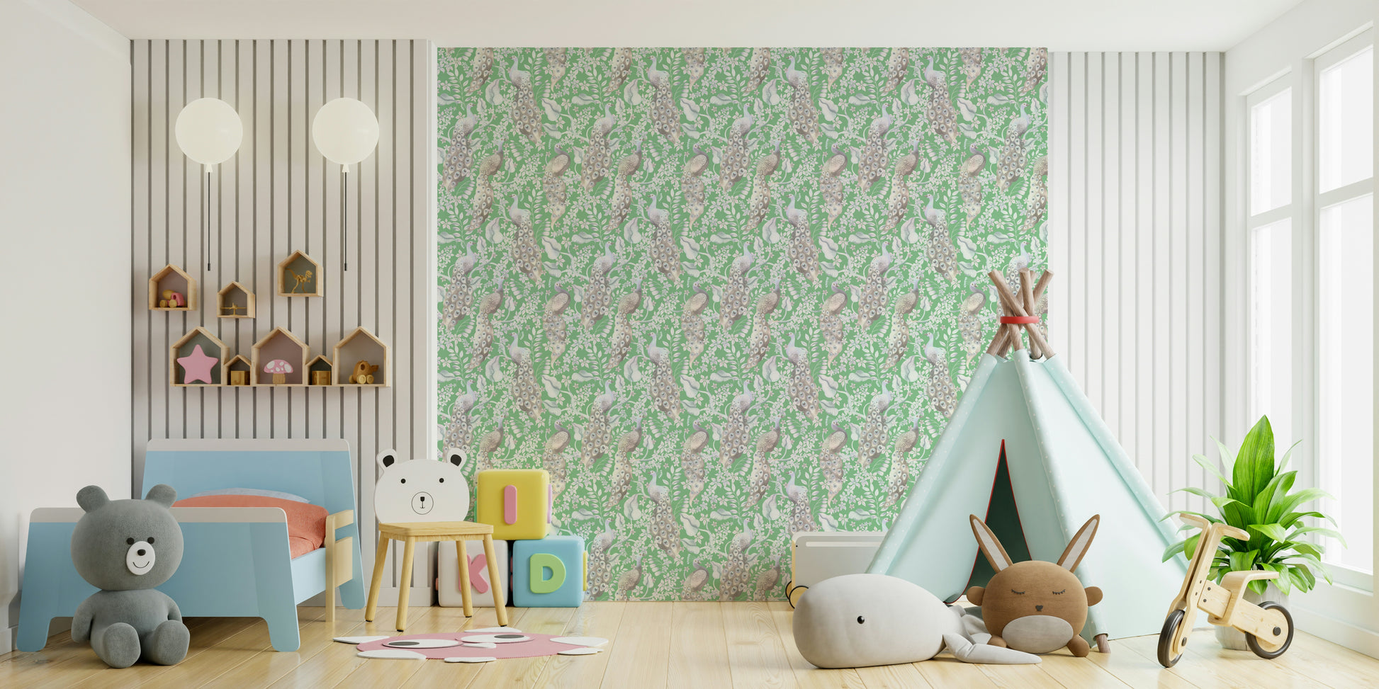 Decorative green wallpaper with detailed peacock art
