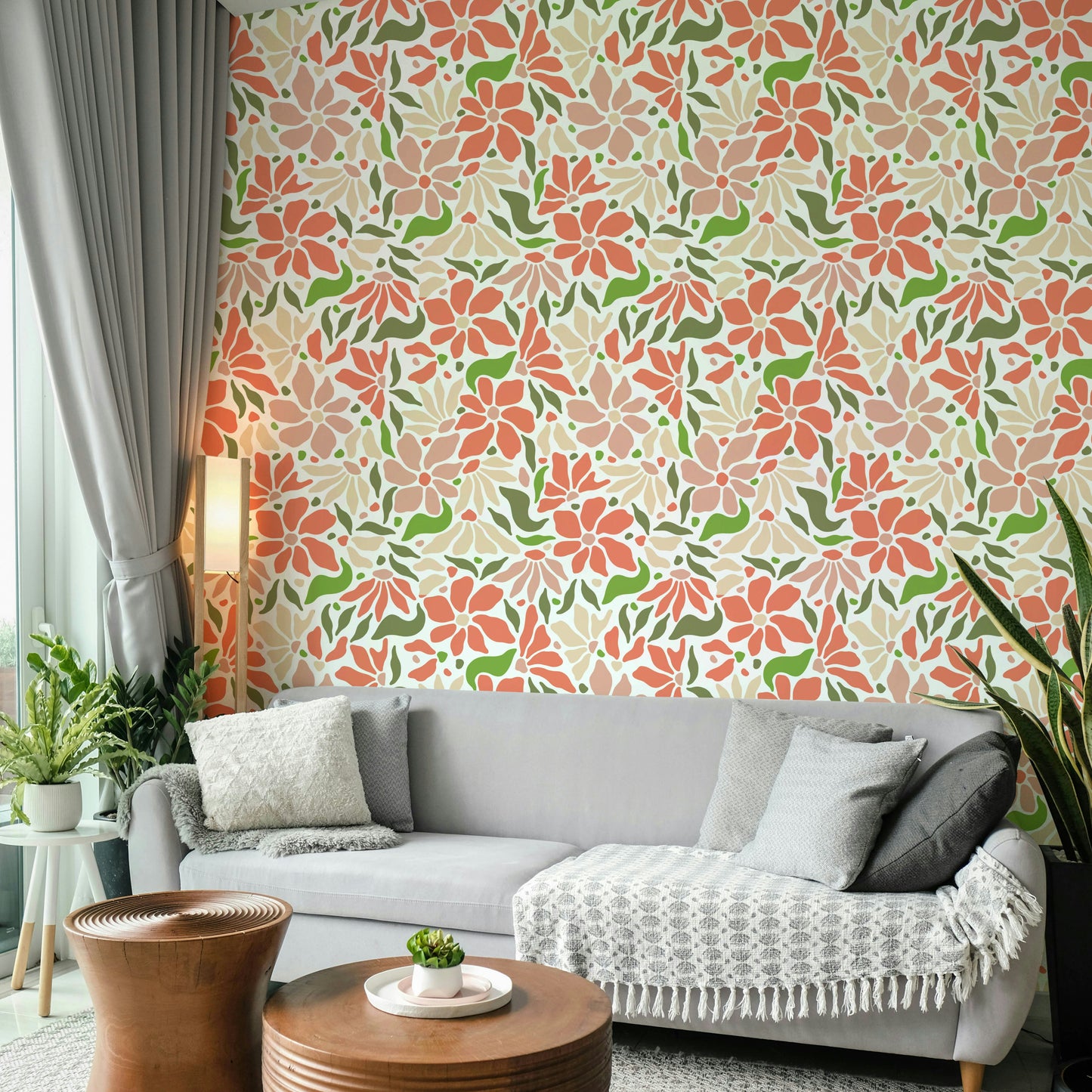 Groovy Flowers Coral Green Wall Mural