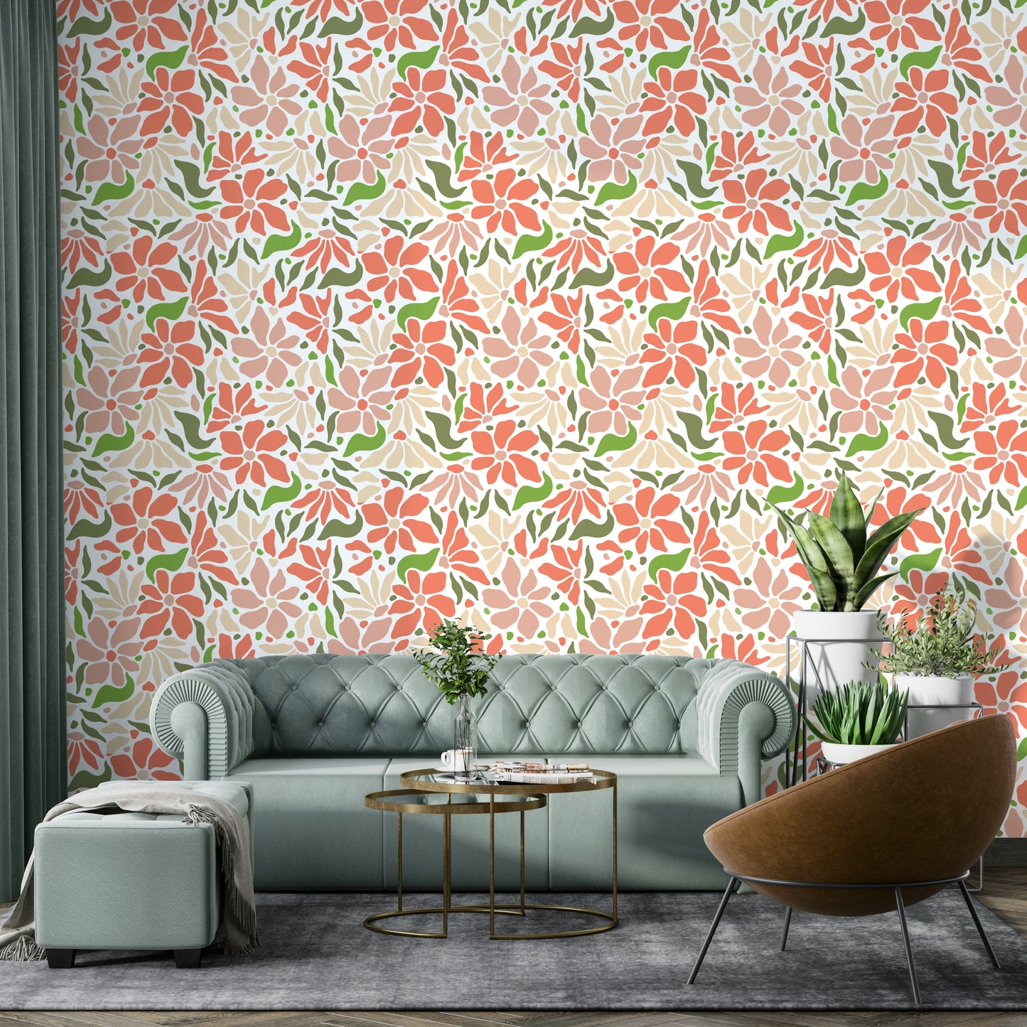 Groovy Flowers Coral Green Wall Mural