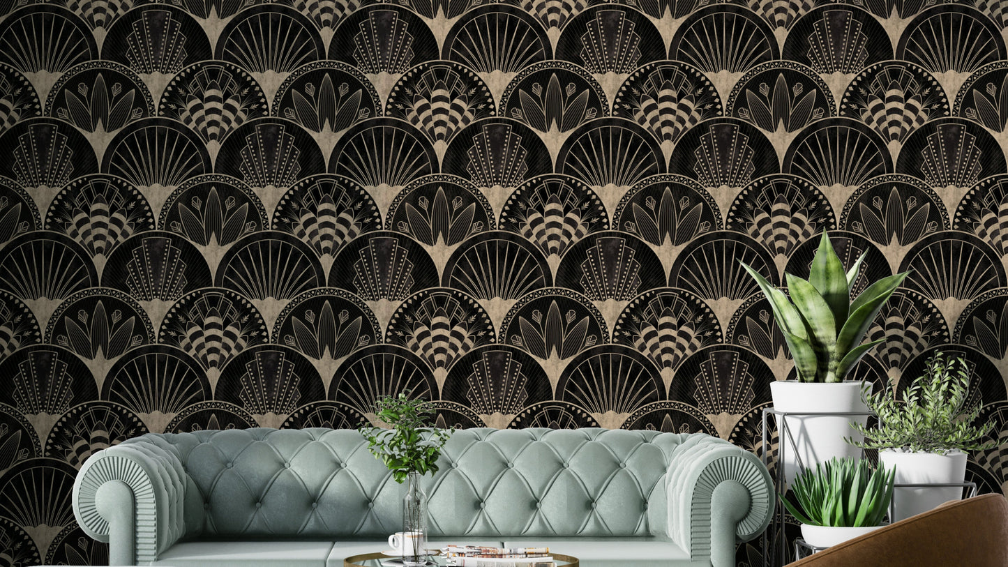 Golden fans on black wallpaper

