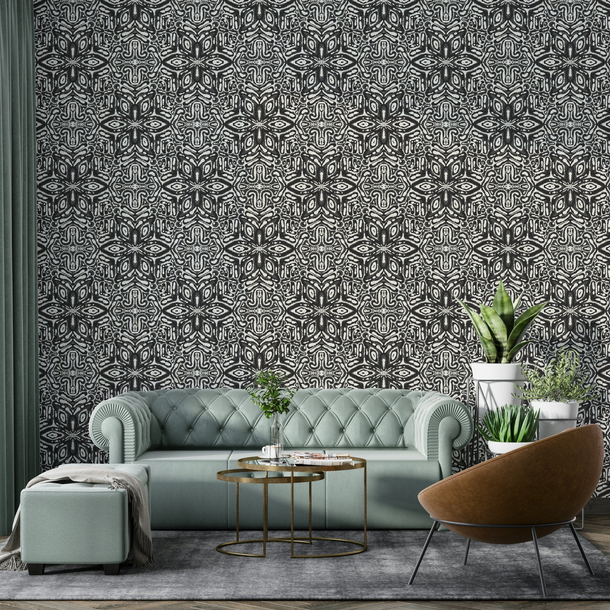 Bold black floral tile mural

