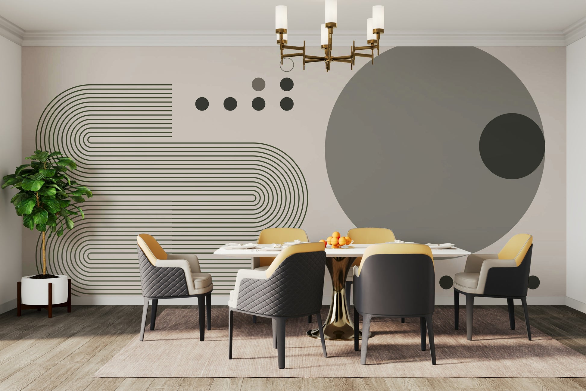 Geometric retro mural with circles and curves in grey

