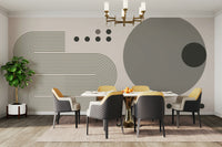 Geometric retro mural with circles and curves in grey

