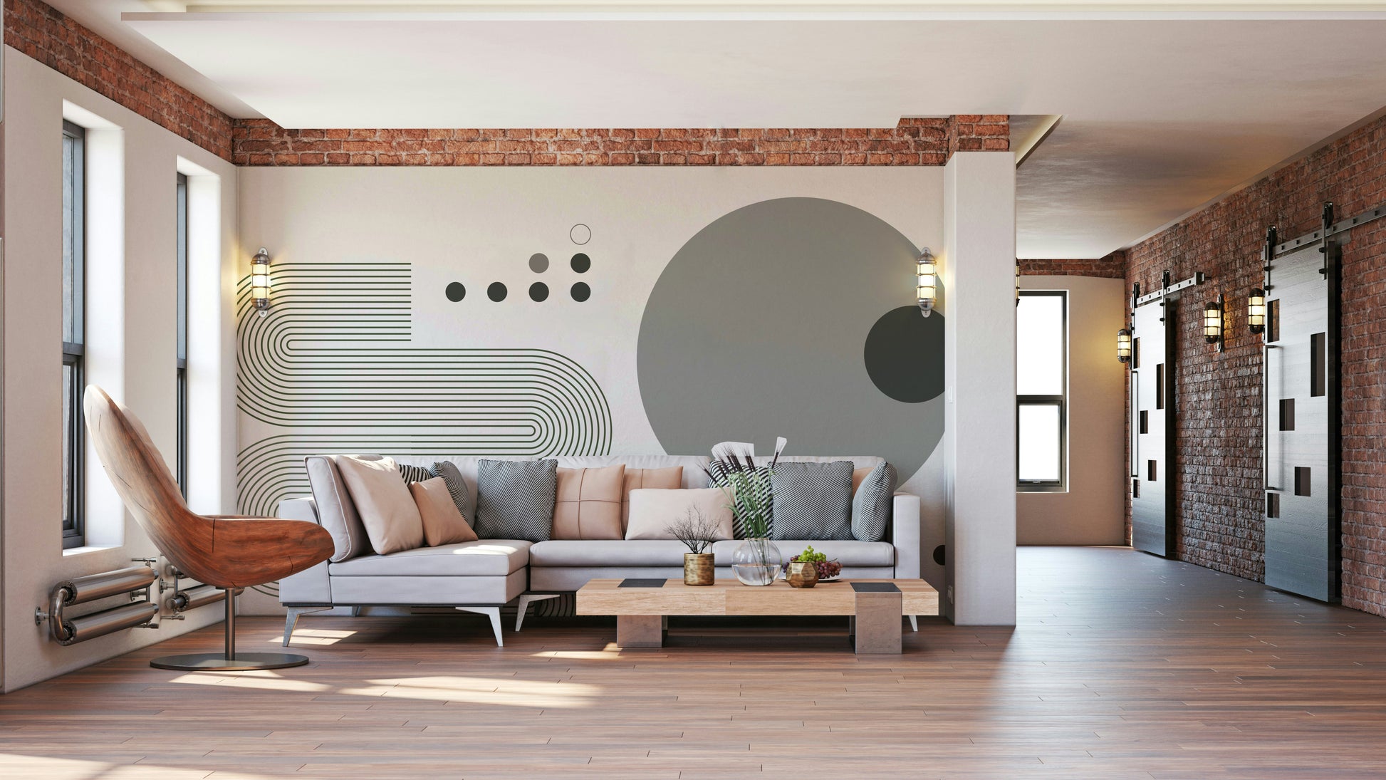 Mid-century modern wall mural in muted grey tones

