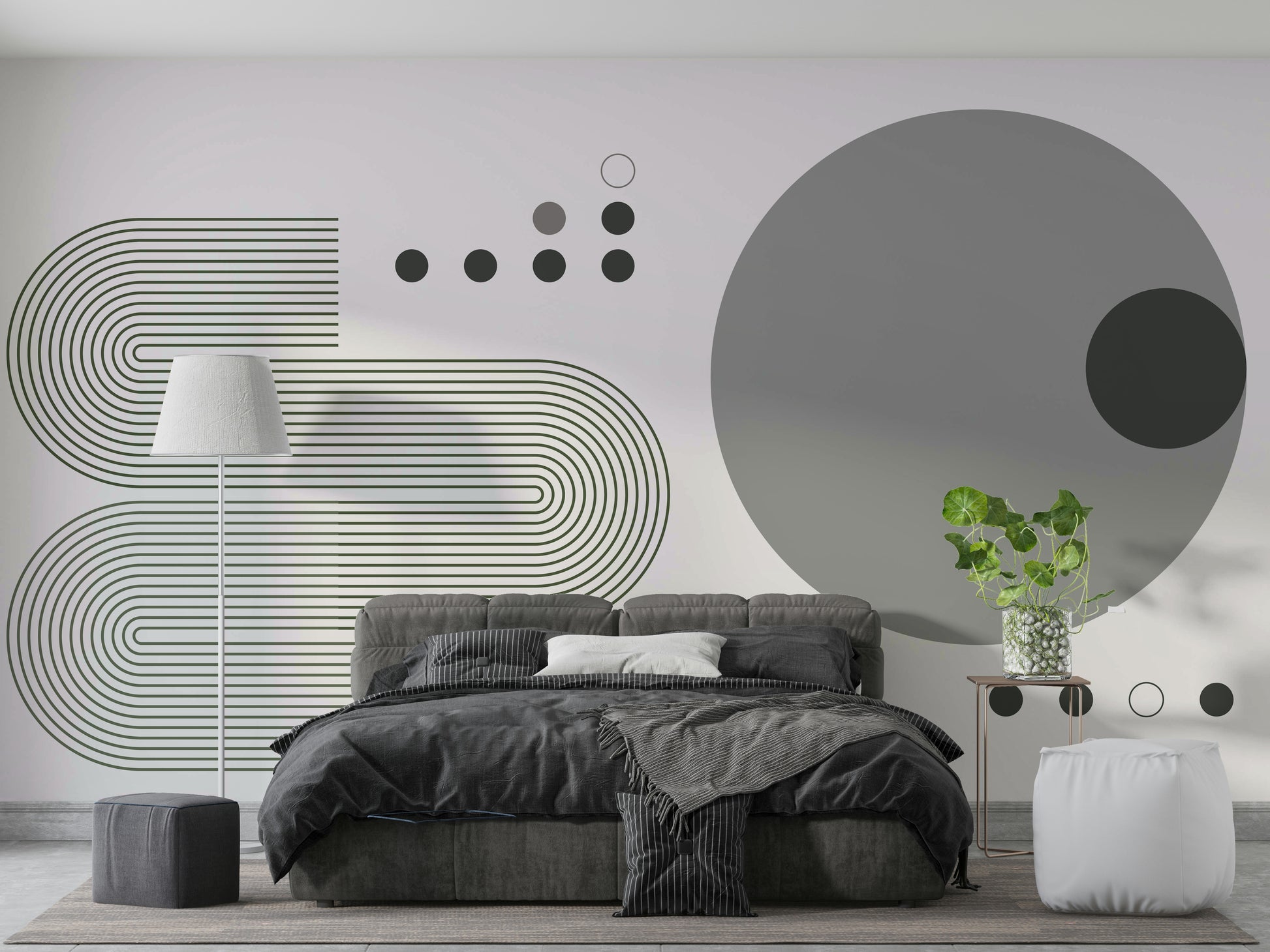 Grayscale mural with vintage geometric flow

