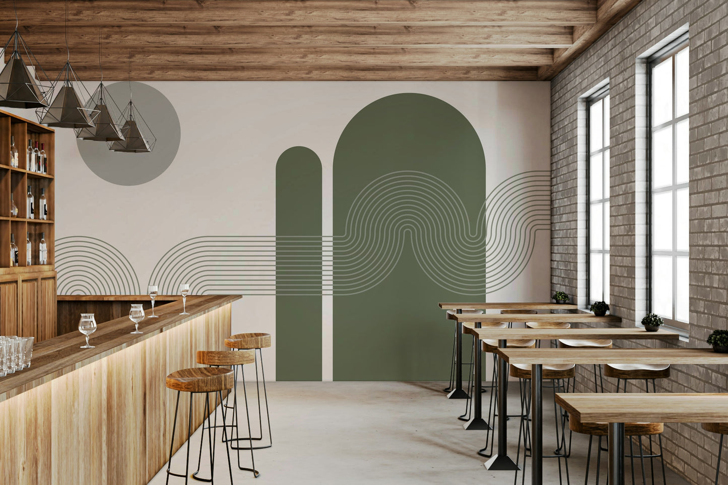 Curved line mural in earthy beige and soft gray

