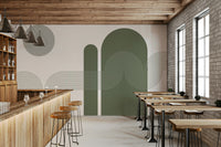 Curved line mural in earthy beige and soft gray

