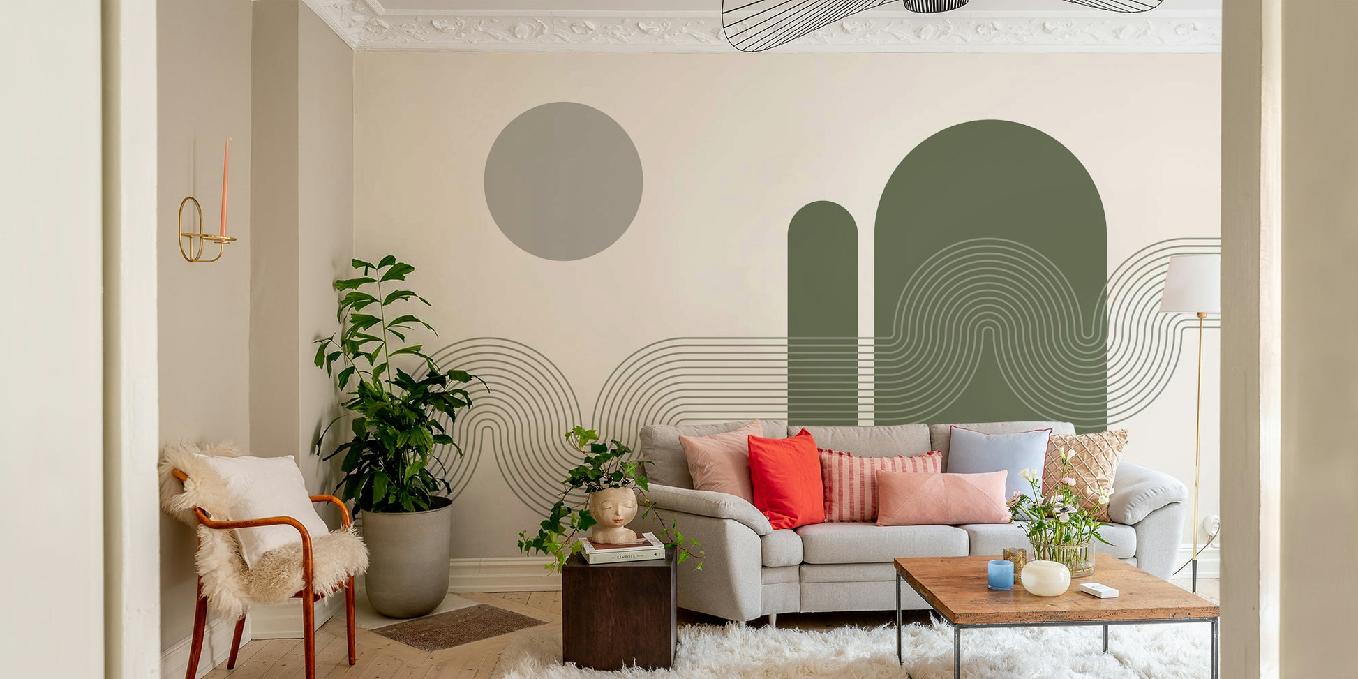 Contemporary mural with peaceful curve composition

