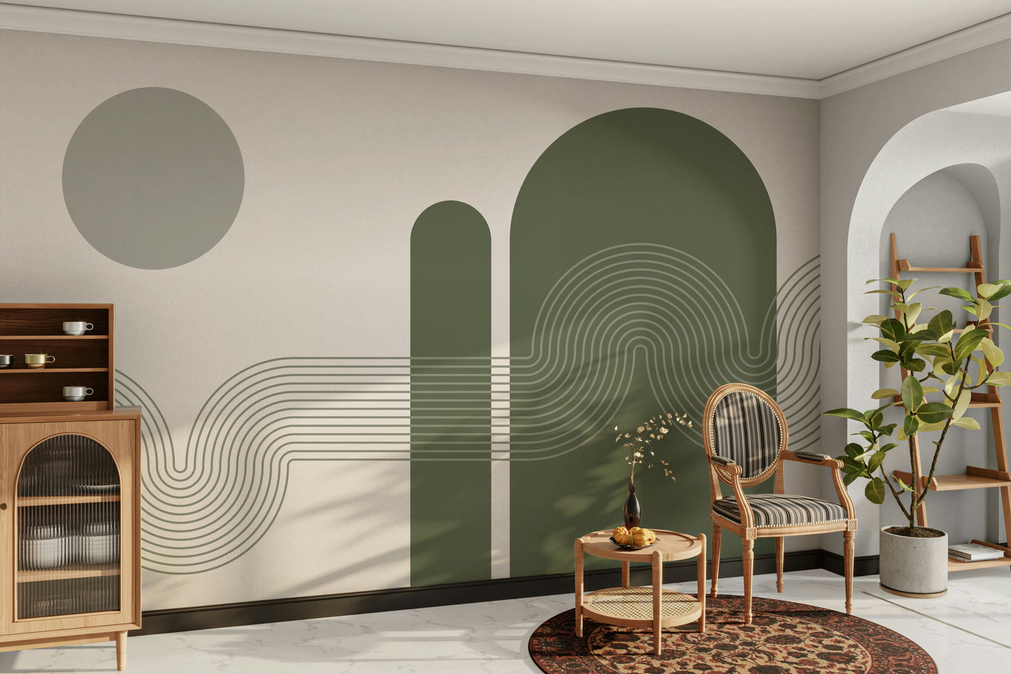 The Serenity of Curves mural with soft abstract forms

