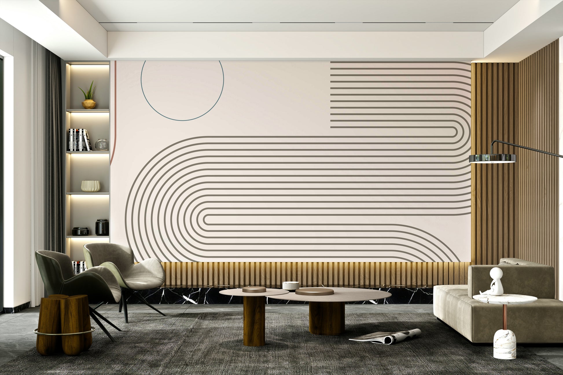 Colorful curved lines on retro modern wall mural

