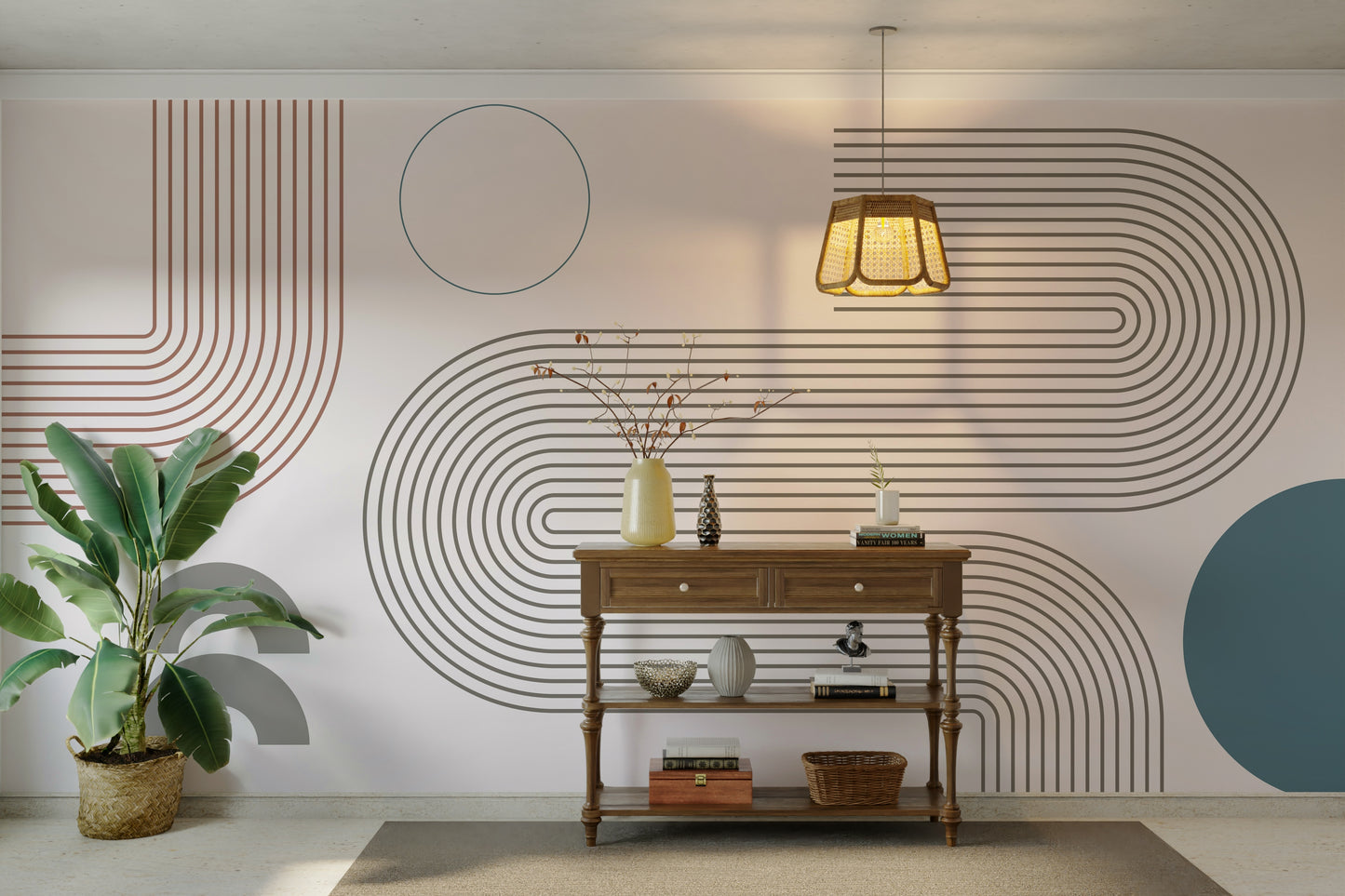 Contemporary retro mural with wavy line pattern

