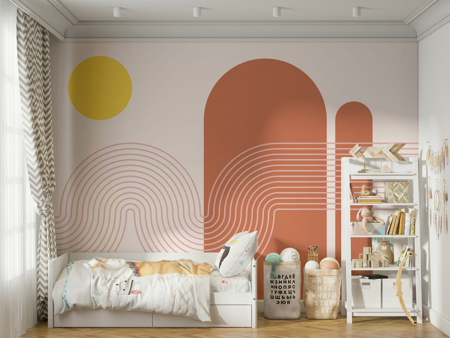 Warm gradient mural featuring a stylized sunset

