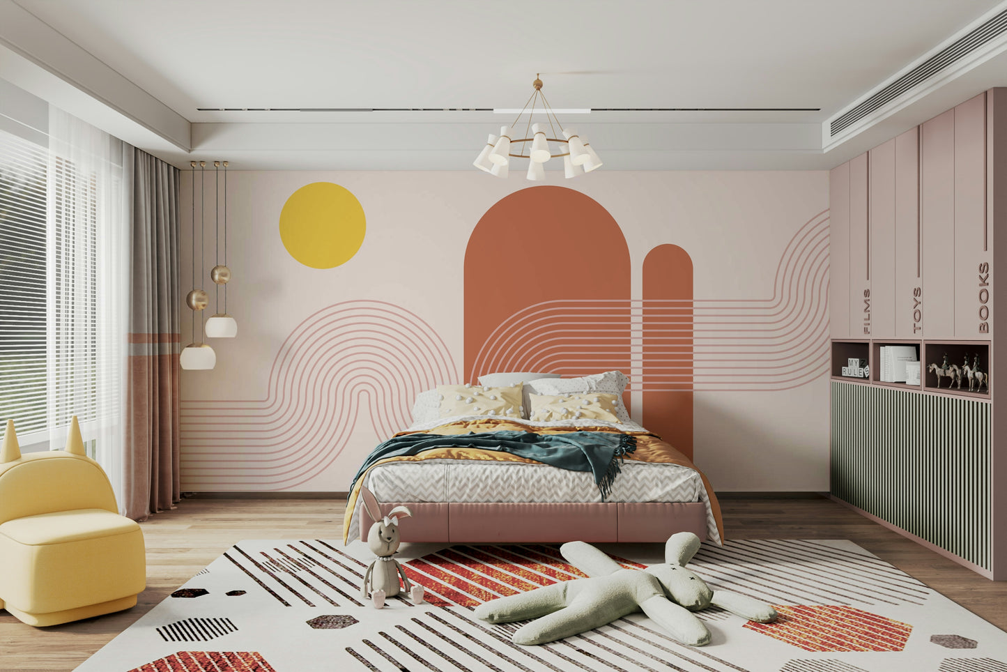 70s-style sunset mural with bold color bands

