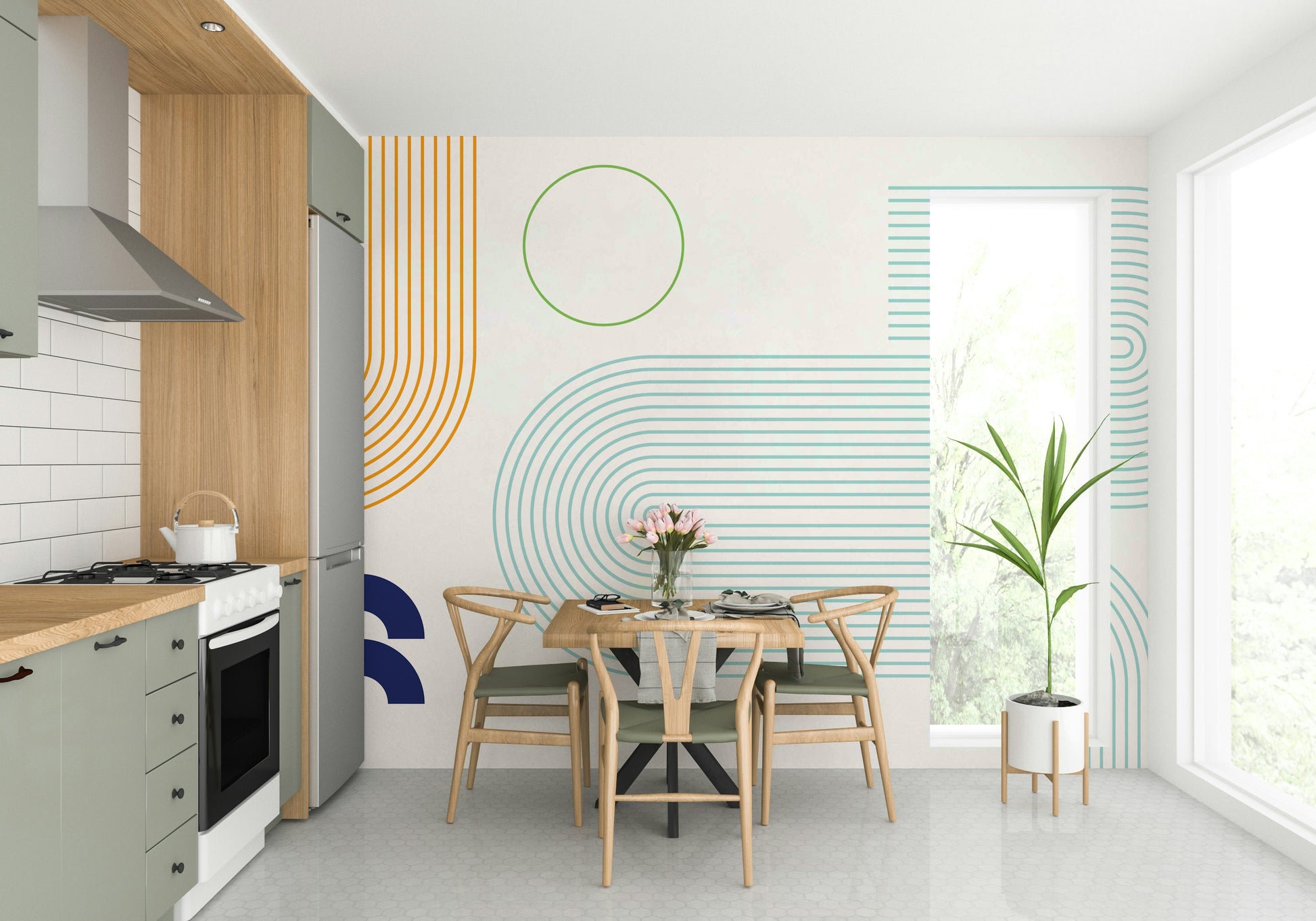 Neutral mural with modern abstract geometry


