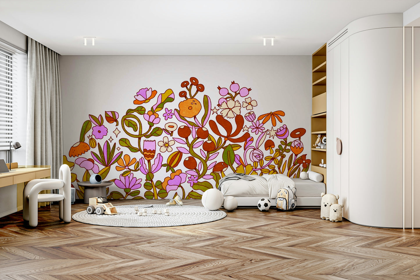 Warm floral mural pattern look

