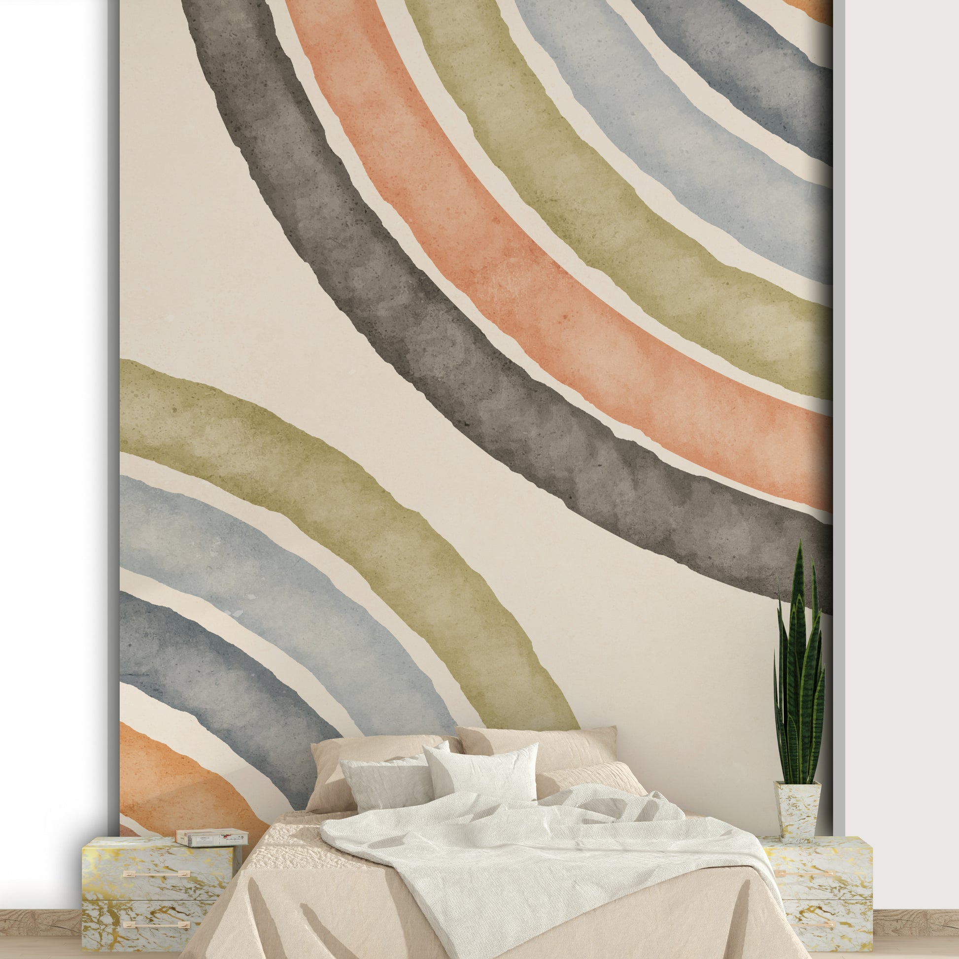 Arched brushstroke mural in watercolor style

