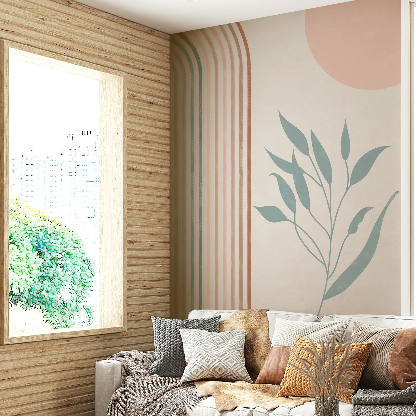 Tranquil rainbow mural with soft pastel tones

