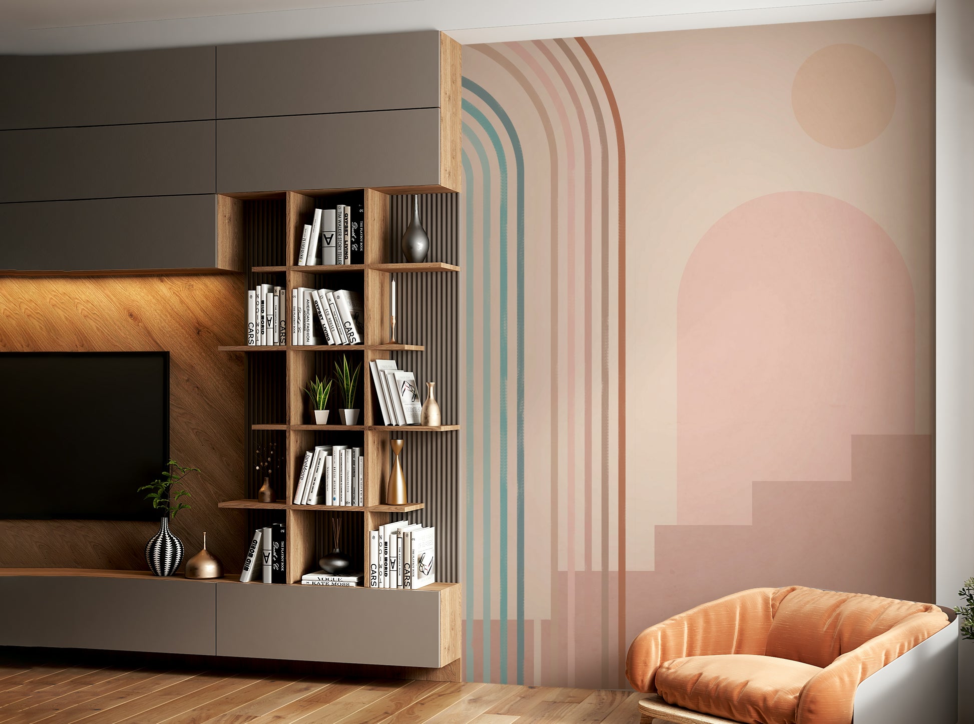 Geometric stair shapes in sunrise wall art

