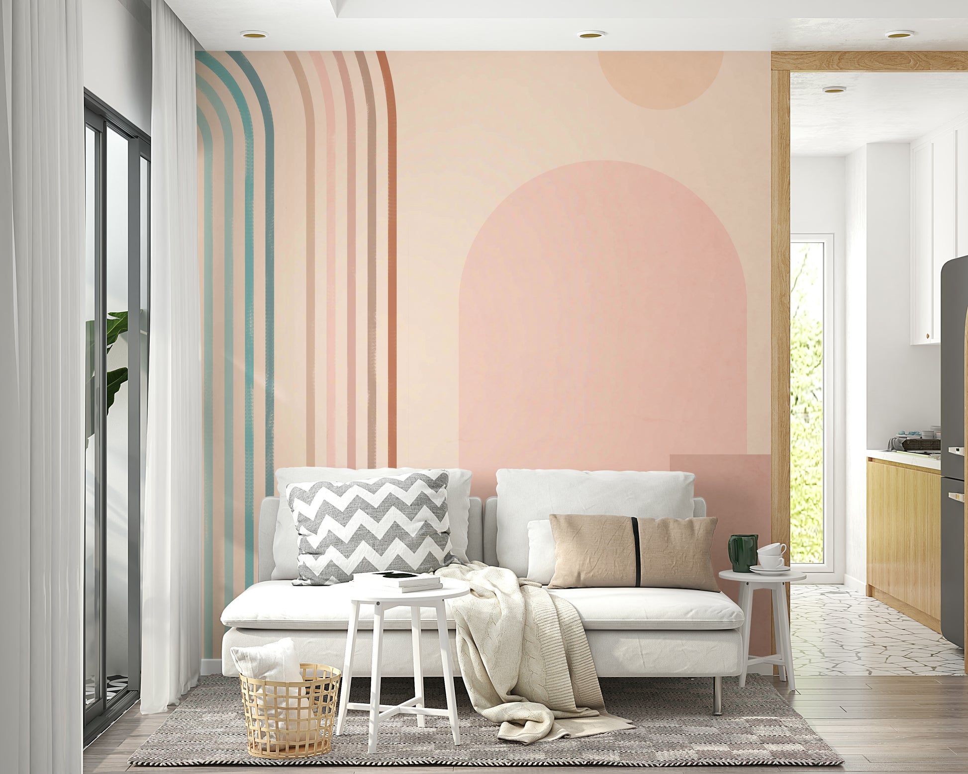 Minimalist staircase mural with rising sun hues

