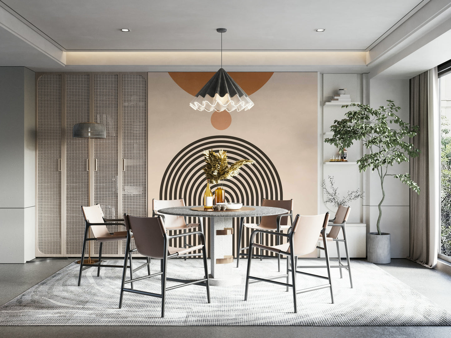 Stylish mural with layered retro arches

